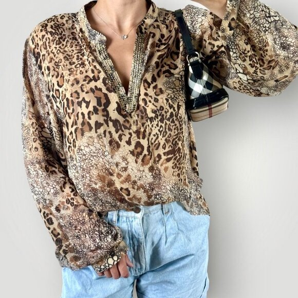 Sheer Leopard Animal Print V-Neck Beaded Blouse Womens Y2K Revival Cheetah XL - Picture 1 of 8